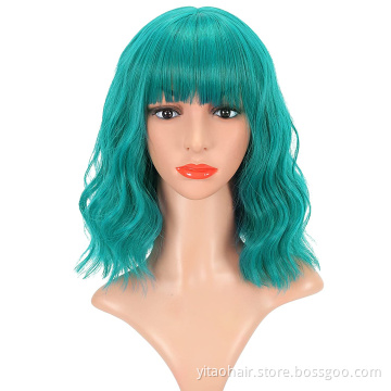 Wavy Bob Wigs with Bangs for Women Wholesale Short Colored Synthetic Hair Wigs Shoulder Length Pastel Bob Synthetic Cosplay Wig